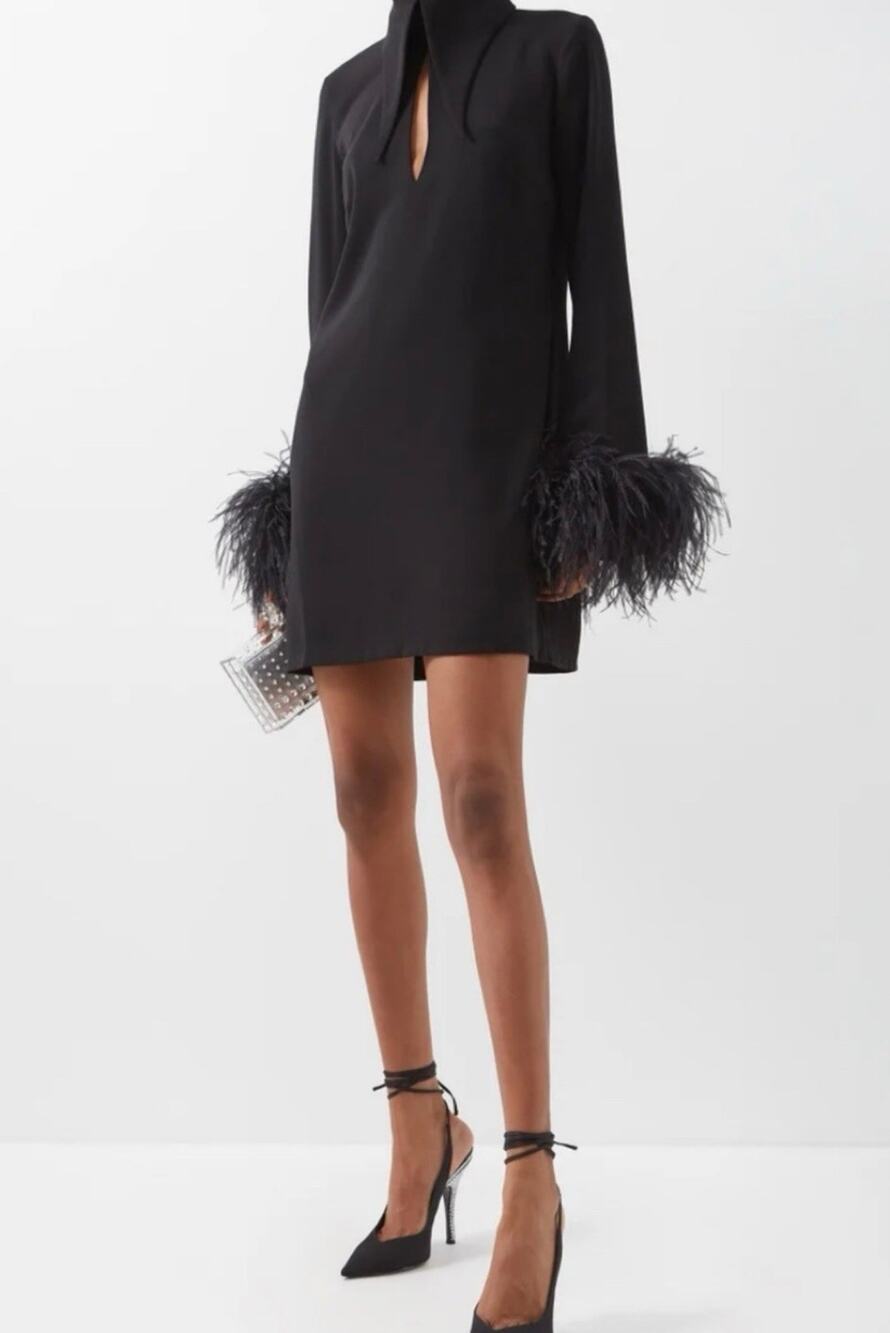 16ARLINGTON MICHELLE DRESS Collared OSTRICH FEATHER Black UK 6 US 2